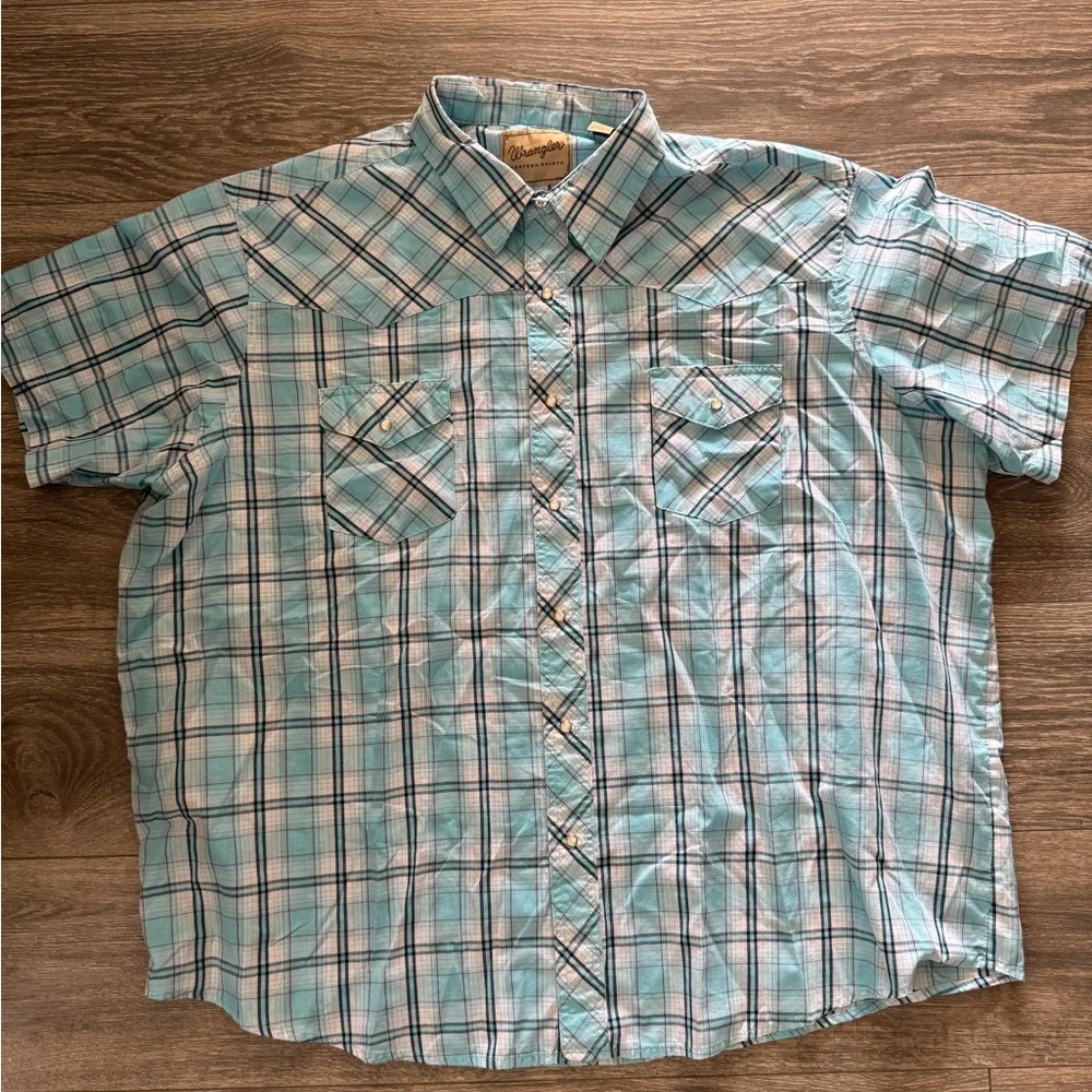 Wrangler Western Shirts Blue Plaid Gingham Button Up Shirt Short Sleeve 3XL GUC - Picture 1 of 4